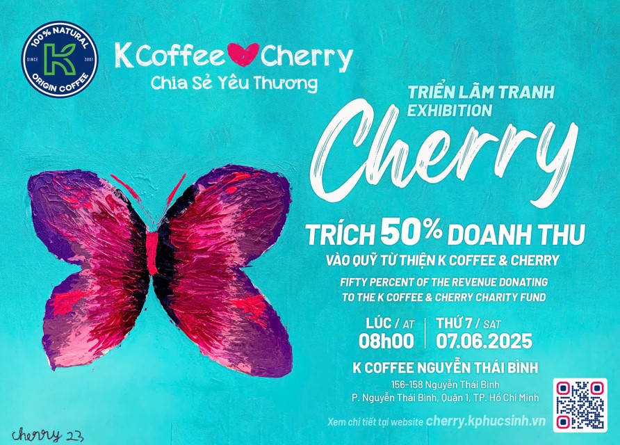 Triển lãm bán tranh gây quỹ "K Coffee ♥️ Cherry" trở lại vào Thứ Bảy [07.06] tại K Coffee 156 Nguyễn Thái Bình Q.1, TP.HCM